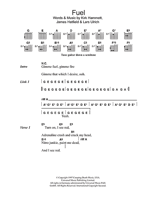Preview Metallica Fuel Metal sheet music, notes and chords for Lyrics & Chords, SKU: 41631 sheet music, piano notes, chords, guitar tabs, score, transpose, transcribe, how to play, guide, download, learn, tutorial, progression, song, artist, awards, billboard, mtv, vh1, tour, single, album, release