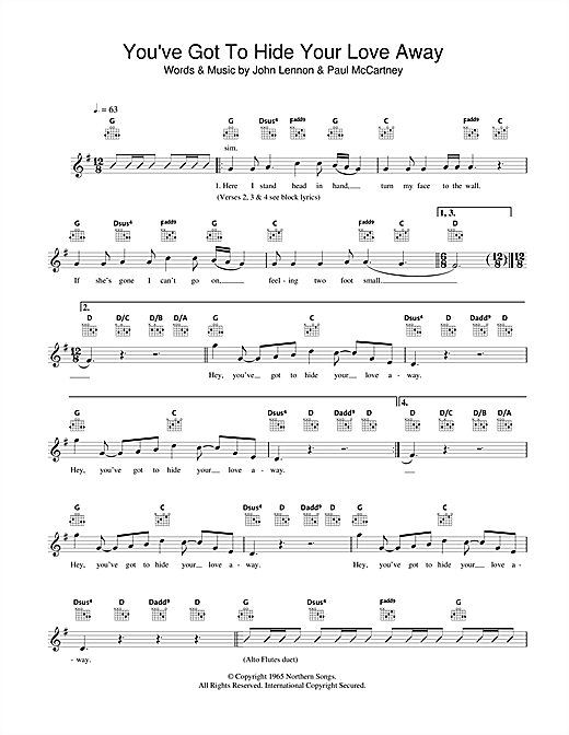 Preview The Beatles You've Got To Hide Your Love Away Pop sheet music, notes and chords for Melody Line, Lyrics & Chords, SKU: 41655 sheet music, piano notes, chords, guitar tabs, score, transpose, transcribe, how to play, guide, download, learn, tutorial, progression, song, artist, awards, billboard, mtv, vh1, tour, single, album, release