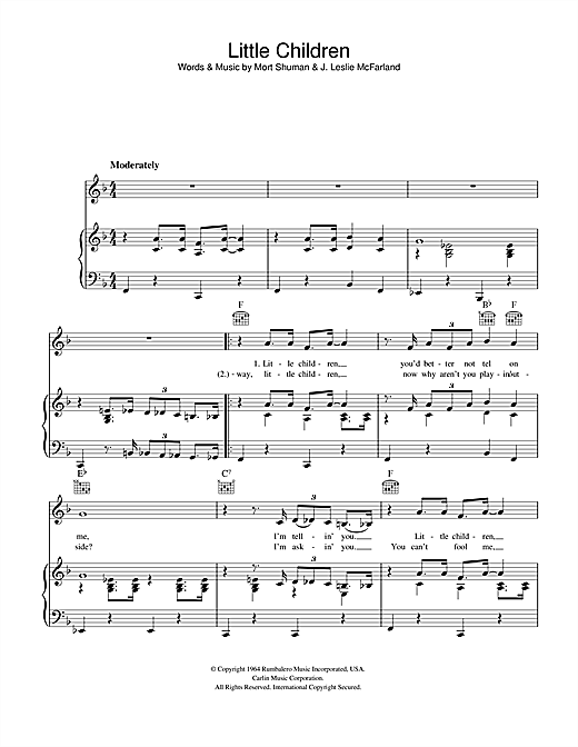 Preview Mort Shuman Little Children Easy Listening sheet music, notes and chords for Piano, Vocal & Guitar (Right-Hand Melody), SKU: 41656 sheet music, piano notes, chords, guitar tabs, score, transpose, transcribe, how to play, guide, download, learn, tutorial, progression, song, artist, awards, billboard, mtv, vh1, tour, single, album, release