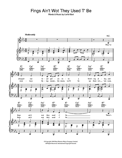 Preview Lionel Bart Fings Ain't Wot They Used T'Be Musicals sheet music, notes and chords for Piano, Vocal & Guitar (Right-Hand Melody), SKU: 41658 sheet music, piano notes, chords, guitar tabs, score, transpose, transcribe, how to play, guide, download, learn, tutorial, progression, song, artist, awards, billboard, mtv, vh1, tour, single, album, release