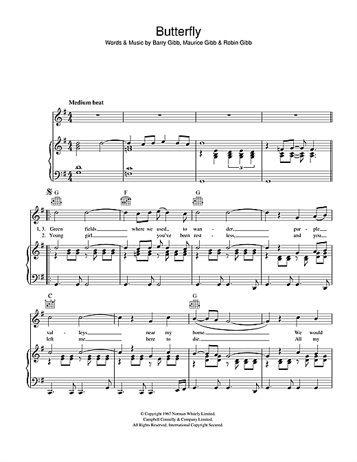 Preview Bee Gees Butterfly Pop sheet music, notes and chords for Piano, Vocal & Guitar (Right-Hand Melody), SKU: 41659 sheet music, piano notes, chords, guitar tabs, score, transpose, transcribe, how to play, guide, download, learn, tutorial, progression, song, artist, awards, billboard, mtv, vh1, tour, single, album, release