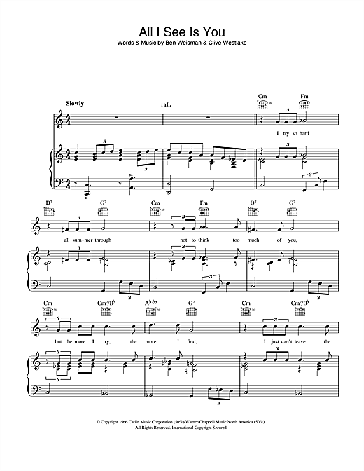 Preview Dusty Springfield All I See Is You Easy Listening sheet music, notes and chords for Piano, Vocal & Guitar (Right-Hand Melody), SKU: 41660 sheet music, piano notes, chords, guitar tabs, score, transpose, transcribe, how to play, guide, download, learn, tutorial, progression, song, artist, awards, billboard, mtv, vh1, tour, single, album, release