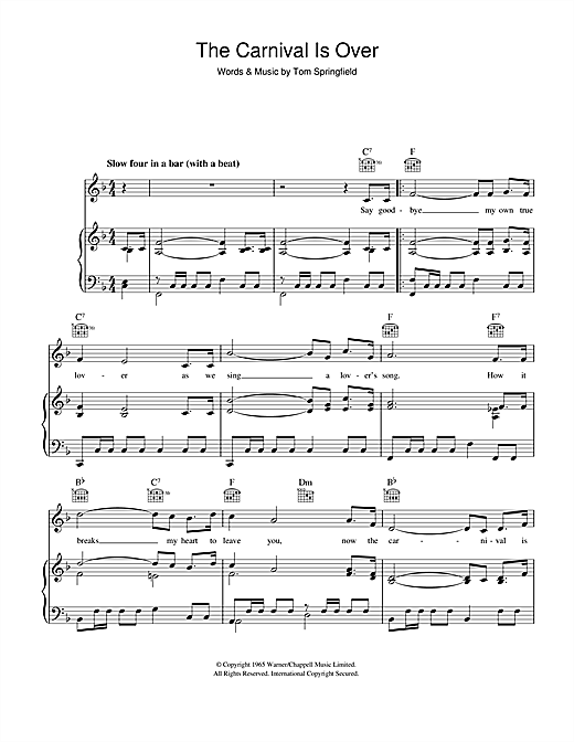 Preview Tom Springfield The Carnival Is Over Australian sheet music, notes and chords for Piano, Vocal & Guitar (Right-Hand Melody), SKU: 41665 sheet music, piano notes, chords, guitar tabs, score, transpose, transcribe, how to play, guide, download, learn, tutorial, progression, song, artist, awards, billboard, mtv, vh1, tour, single, album, release