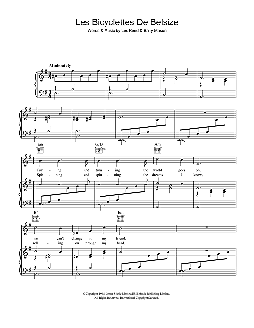 Preview Les Reed Les Bicyclettes De Belsize Easy Listening sheet music, notes and chords for Piano, Vocal & Guitar (Right-Hand Melody), SKU: 41666 sheet music, piano notes, chords, guitar tabs, score, transpose, transcribe, how to play, guide, download, learn, tutorial, progression, song, artist, awards, billboard, mtv, vh1, tour, single, album, release