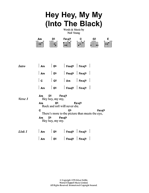 Preview Oasis Hey Hey, My My (Into The Black) Rock sheet music, notes and chords for Lyrics & Chords, SKU: 41678 sheet music, piano notes, chords, guitar tabs, score, transpose, transcribe, how to play, guide, download, learn, tutorial, progression, song, artist, awards, billboard, mtv, vh1, tour, single, album, release