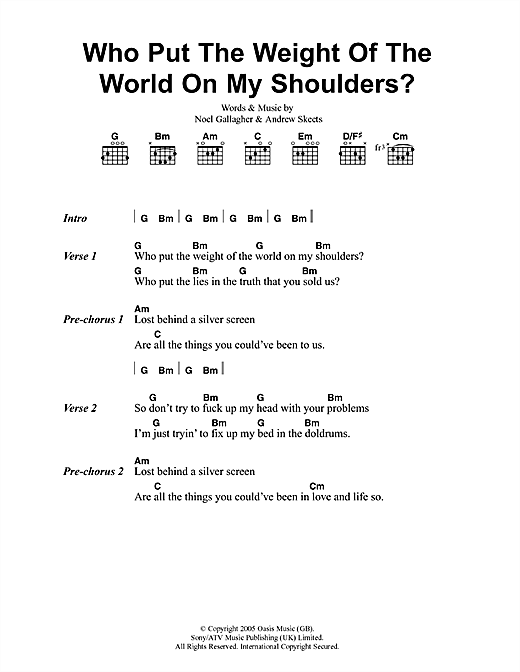 Preview Oasis Who Put The Weight Of The World On My Shoulders? Rock sheet music, notes and chords for Lyrics & Chords, SKU: 41680 sheet music, piano notes, chords, guitar tabs, score, transpose, transcribe, how to play, guide, download, learn, tutorial, progression, song, artist, awards, billboard, mtv, vh1, tour, single, album, release