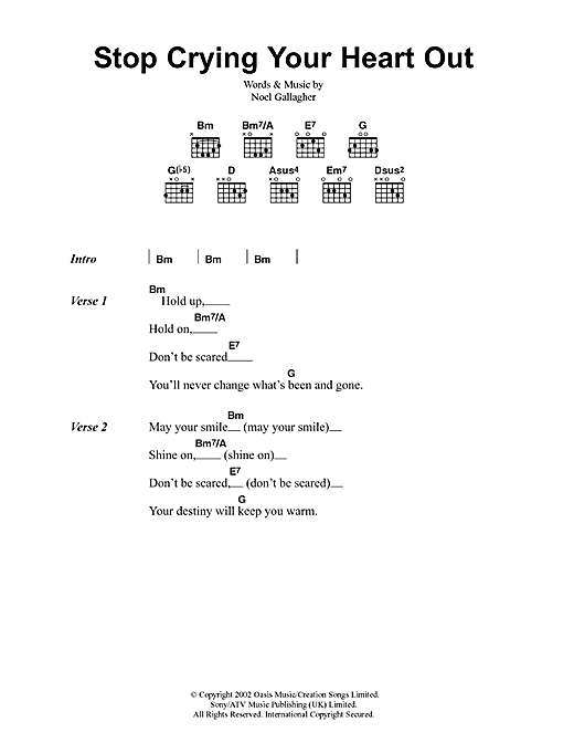 Preview Oasis Stop Crying Your Heart Out Rock sheet music, notes and chords for Lyrics & Chords, SKU: 41681 sheet music, piano notes, chords, guitar tabs, score, transpose, transcribe, how to play, guide, download, learn, tutorial, progression, song, artist, awards, billboard, mtv, vh1, tour, single, album, release