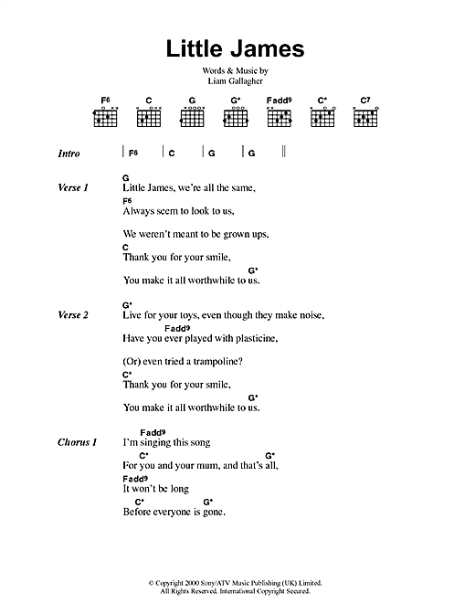 Preview Oasis Little James Rock sheet music, notes and chords for Lyrics & Chords, SKU: 41682 sheet music, piano notes, chords, guitar tabs, score, transpose, transcribe, how to play, guide, download, learn, tutorial, progression, song, artist, awards, billboard, mtv, vh1, tour, single, album, release