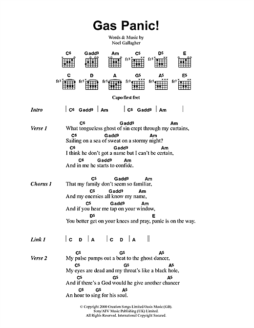 Preview Oasis Gas Panic! Rock sheet music, notes and chords for Lyrics & Chords, SKU: 41684 sheet music, piano notes, chords, guitar tabs, score, transpose, transcribe, how to play, guide, download, learn, tutorial, progression, song, artist, awards, billboard, mtv, vh1, tour, single, album, release