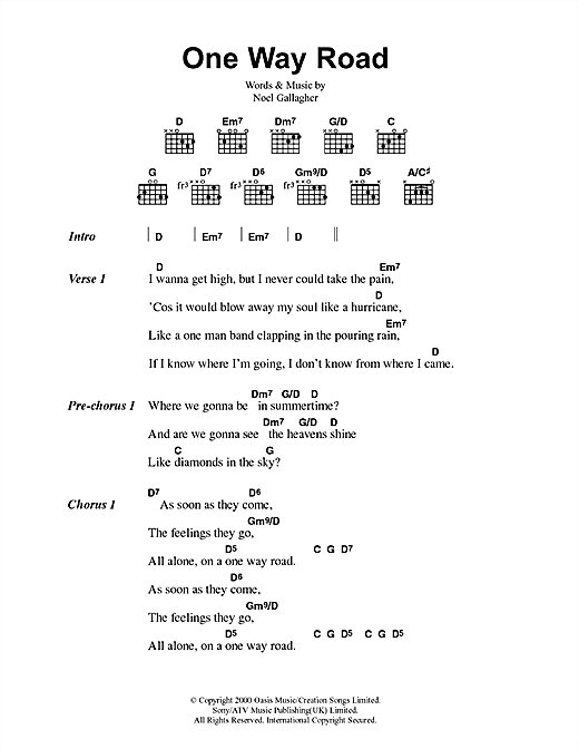 Preview Oasis One Way Road Rock sheet music, notes and chords for Lyrics & Chords, SKU: 41690 sheet music, piano notes, chords, guitar tabs, score, transpose, transcribe, how to play, guide, download, learn, tutorial, progression, song, artist, awards, billboard, mtv, vh1, tour, single, album, release