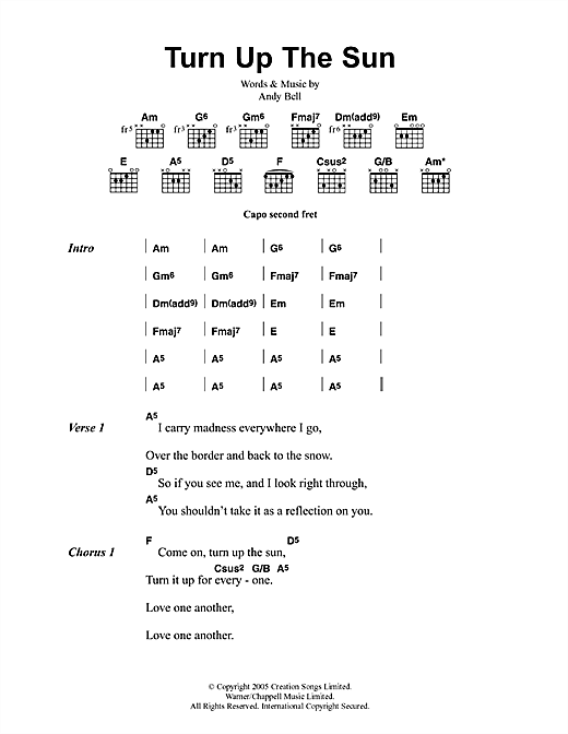 Preview Oasis Turn Up The Sun Rock sheet music, notes and chords for Lyrics & Chords, SKU: 41691 sheet music, piano notes, chords, guitar tabs, score, transpose, transcribe, how to play, guide, download, learn, tutorial, progression, song, artist, awards, billboard, mtv, vh1, tour, single, album, release