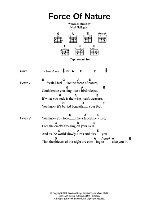 Preview Oasis Force Of Nature Rock sheet music, notes and chords for Lyrics & Chords, SKU: 41695 sheet music, piano notes, chords, guitar tabs, score, transpose, transcribe, how to play, guide, download, learn, tutorial, progression, song, artist, awards, billboard, mtv, vh1, tour, single, album, release