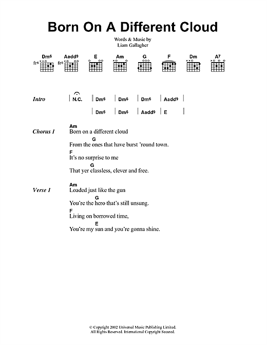 Preview Oasis Born On A Different Cloud Rock sheet music, notes and chords for Lyrics & Chords, SKU: 41699 sheet music, piano notes, chords, guitar tabs, score, transpose, transcribe, how to play, guide, download, learn, tutorial, progression, song, artist, awards, billboard, mtv, vh1, tour, single, album, release