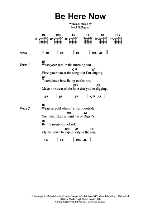 Preview Oasis Be Here Now Rock sheet music, notes and chords for Lyrics & Chords, SKU: 41700 sheet music, piano notes, chords, guitar tabs, score, transpose, transcribe, how to play, guide, download, learn, tutorial, progression, song, artist, awards, billboard, mtv, vh1, tour, single, album, release