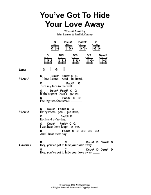 Preview Oasis You've Got To Hide Your Love Away Rock sheet music, notes and chords for Lyrics & Chords, SKU: 41704 sheet music, piano notes, chords, guitar tabs, score, transpose, transcribe, how to play, guide, download, learn, tutorial, progression, song, artist, awards, billboard, mtv, vh1, tour, single, album, release