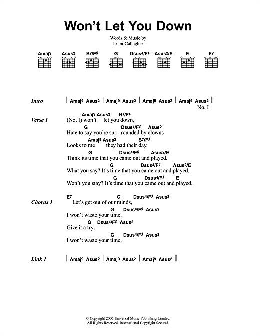 Preview Oasis Won't Let You Down Rock sheet music, notes and chords for Lyrics & Chords, SKU: 41709 sheet music, piano notes, chords, guitar tabs, score, transpose, transcribe, how to play, guide, download, learn, tutorial, progression, song, artist, awards, billboard, mtv, vh1, tour, single, album, release