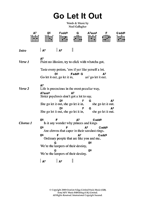 Preview Oasis Go Let It Out Rock sheet music, notes and chords for Lyrics & Chords, SKU: 41713 sheet music, piano notes, chords, guitar tabs, score, transpose, transcribe, how to play, guide, download, learn, tutorial, progression, song, artist, awards, billboard, mtv, vh1, tour, single, album, release