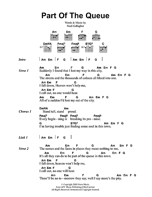 Preview Oasis Part Of The Queue Rock sheet music, notes and chords for Lyrics & Chords, SKU: 41717 sheet music, piano notes, chords, guitar tabs, score, transpose, transcribe, how to play, guide, download, learn, tutorial, progression, song, artist, awards, billboard, mtv, vh1, tour, single, album, release
