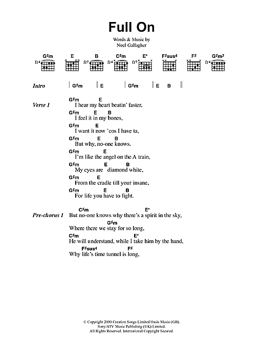 Preview Oasis Full On Rock sheet music, notes and chords for Lyrics & Chords, SKU: 41720 sheet music, piano notes, chords, guitar tabs, score, transpose, transcribe, how to play, guide, download, learn, tutorial, progression, song, artist, awards, billboard, mtv, vh1, tour, single, album, release