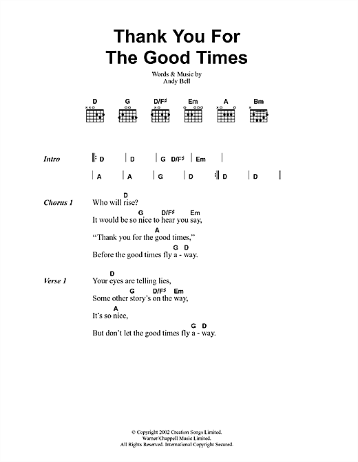 Preview Oasis Thank You For The Good Times Rock sheet music, notes and chords for Lyrics & Chords, SKU: 41723 sheet music, piano notes, chords, guitar tabs, score, transpose, transcribe, how to play, guide, download, learn, tutorial, progression, song, artist, awards, billboard, mtv, vh1, tour, single, album, release