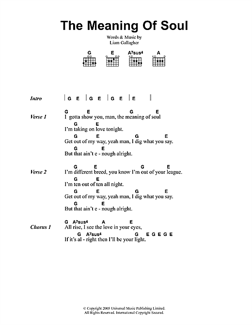 Preview Oasis The Meaning Of Soul Rock sheet music, notes and chords for Lyrics & Chords, SKU: 41725 sheet music, piano notes, chords, guitar tabs, score, transpose, transcribe, how to play, guide, download, learn, tutorial, progression, song, artist, awards, billboard, mtv, vh1, tour, single, album, release