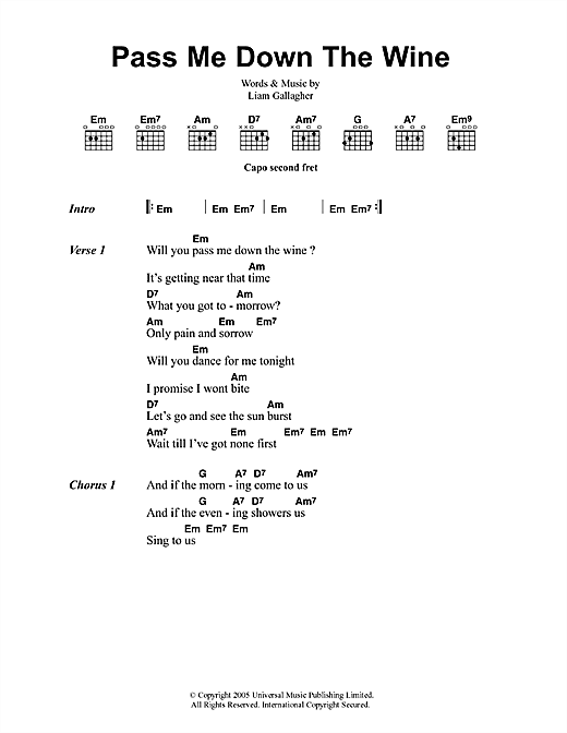 Preview Oasis Pass Me Down The Wine Rock sheet music, notes and chords for Lyrics & Chords, SKU: 41728 sheet music, piano notes, chords, guitar tabs, score, transpose, transcribe, how to play, guide, download, learn, tutorial, progression, song, artist, awards, billboard, mtv, vh1, tour, single, album, release