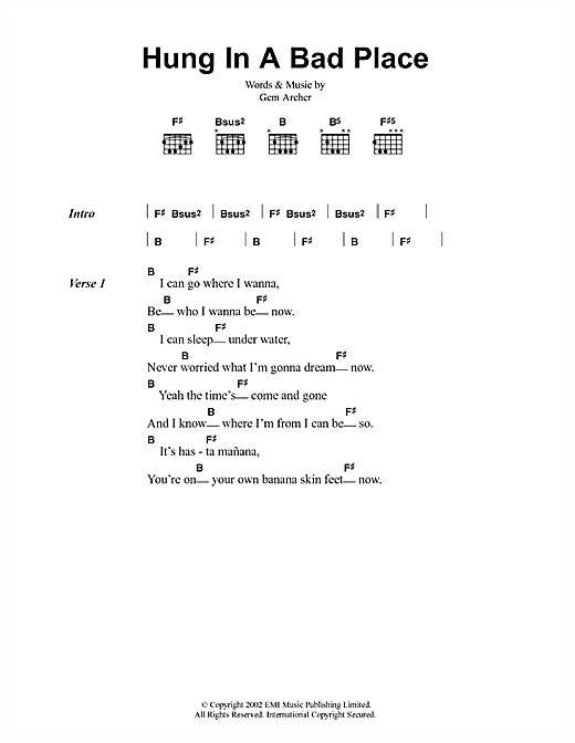 Preview Oasis Hung In A Bad Place Rock sheet music, notes and chords for Lyrics & Chords, SKU: 41734 sheet music, piano notes, chords, guitar tabs, score, transpose, transcribe, how to play, guide, download, learn, tutorial, progression, song, artist, awards, billboard, mtv, vh1, tour, single, album, release