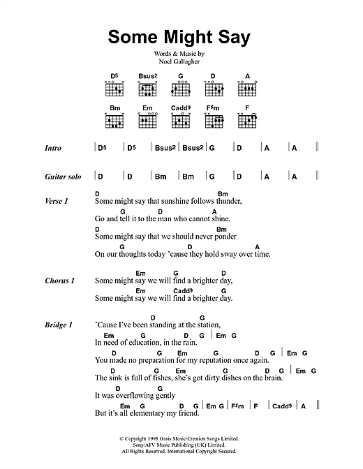 Preview Oasis Some Might Say Rock sheet music, notes and chords for Lyrics & Chords, SKU: 41738 sheet music, piano notes, chords, guitar tabs, score, transpose, transcribe, how to play, guide, download, learn, tutorial, progression, song, artist, awards, billboard, mtv, vh1, tour, single, album, release