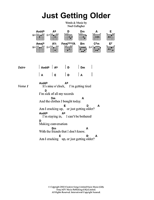 Preview Oasis Just Getting Older Rock sheet music, notes and chords for Lyrics & Chords, SKU: 41744 sheet music, piano notes, chords, guitar tabs, score, transpose, transcribe, how to play, guide, download, learn, tutorial, progression, song, artist, awards, billboard, mtv, vh1, tour, single, album, release