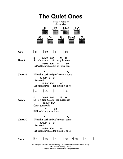 Preview Oasis The Quiet Ones Rock sheet music, notes and chords for Lyrics & Chords, SKU: 41746 sheet music, piano notes, chords, guitar tabs, score, transpose, transcribe, how to play, guide, download, learn, tutorial, progression, song, artist, awards, billboard, mtv, vh1, tour, single, album, release