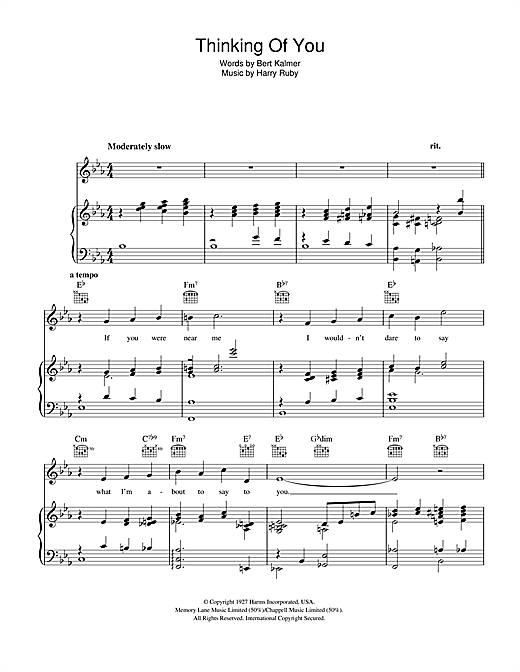 Preview Bert Kalmer Thinking Of You Easy Listening sheet music, notes and chords for Piano, Vocal & Guitar (Right-Hand Melody), SKU: 41749 sheet music, piano notes, chords, guitar tabs, score, transpose, transcribe, how to play, guide, download, learn, tutorial, progression, song, artist, awards, billboard, mtv, vh1, tour, single, album, release