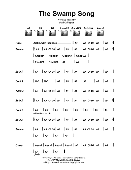 Preview Oasis The Swamp Song Rock sheet music, notes and chords for Lyrics & Chords, SKU: 41754 sheet music, piano notes, chords, guitar tabs, score, transpose, transcribe, how to play, guide, download, learn, tutorial, progression, song, artist, awards, billboard, mtv, vh1, tour, single, album, release