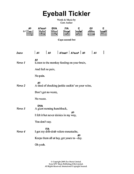 Preview Oasis Eyeball Tickler Rock sheet music, notes and chords for Lyrics & Chords, SKU: 41755 sheet music, piano notes, chords, guitar tabs, score, transpose, transcribe, how to play, guide, download, learn, tutorial, progression, song, artist, awards, billboard, mtv, vh1, tour, single, album, release