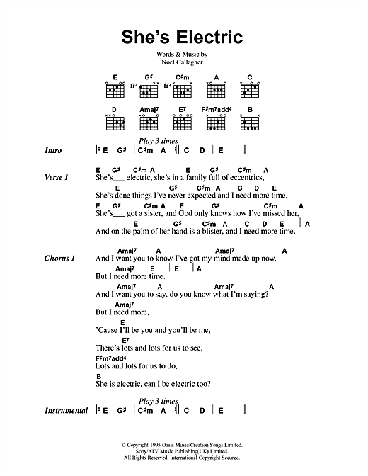 Preview Oasis She's Electric Rock sheet music, notes and chords for Lyrics & Chords, SKU: 41762 sheet music, piano notes, chords, guitar tabs, score, transpose, transcribe, how to play, guide, download, learn, tutorial, progression, song, artist, awards, billboard, mtv, vh1, tour, single, album, release