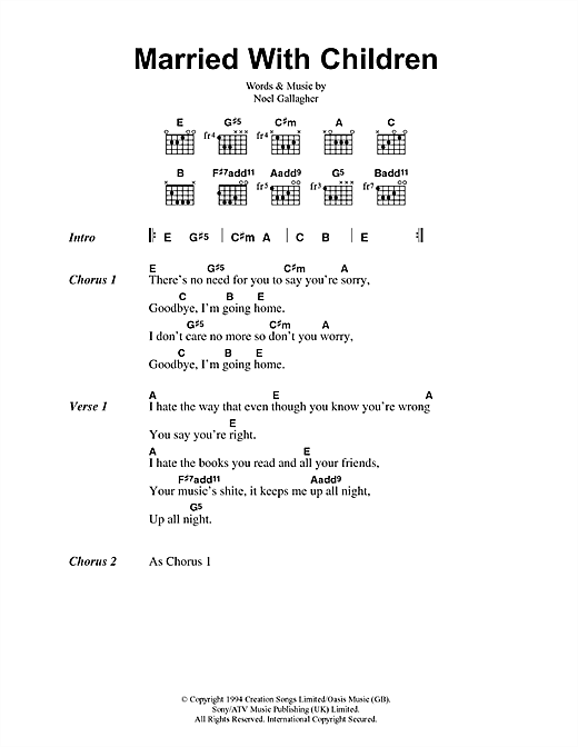 Preview Oasis Married With Children Rock sheet music, notes and chords for Lyrics & Chords, SKU: 41765 sheet music, piano notes, chords, guitar tabs, score, transpose, transcribe, how to play, guide, download, learn, tutorial, progression, song, artist, awards, billboard, mtv, vh1, tour, single, album, release