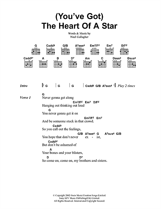 Preview Oasis You've Got The Heart Of A Star Rock sheet music, notes and chords for Lyrics & Chords, SKU: 41766 sheet music, piano notes, chords, guitar tabs, score, transpose, transcribe, how to play, guide, download, learn, tutorial, progression, song, artist, awards, billboard, mtv, vh1, tour, single, album, release