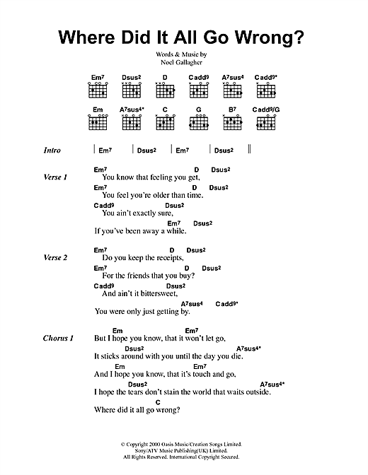 Preview Oasis Where Did It All Go Wrong? Rock sheet music, notes and chords for Lyrics & Chords, SKU: 41767 sheet music, piano notes, chords, guitar tabs, score, transpose, transcribe, how to play, guide, download, learn, tutorial, progression, song, artist, awards, billboard, mtv, vh1, tour, single, album, release