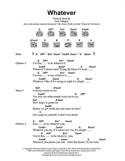 Preview Oasis Whatever Rock sheet music, notes and chords for Lyrics & Chords, SKU: 41776 sheet music, piano notes, chords, guitar tabs, score, transpose, transcribe, how to play, guide, download, learn, tutorial, progression, song, artist, awards, billboard, mtv, vh1, tour, single, album, release
