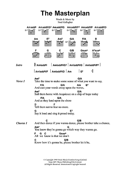 Preview Oasis The Masterplan Rock sheet music, notes and chords for Lyrics & Chords, SKU: 41777 sheet music, piano notes, chords, guitar tabs, score, transpose, transcribe, how to play, guide, download, learn, tutorial, progression, song, artist, awards, billboard, mtv, vh1, tour, single, album, release