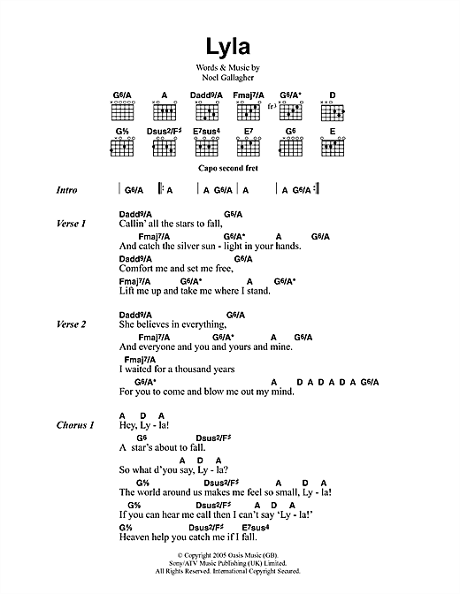 Preview Oasis Lyla Rock sheet music, notes and chords for Lyrics & Chords, SKU: 41778 sheet music, piano notes, chords, guitar tabs, score, transpose, transcribe, how to play, guide, download, learn, tutorial, progression, song, artist, awards, billboard, mtv, vh1, tour, single, album, release
