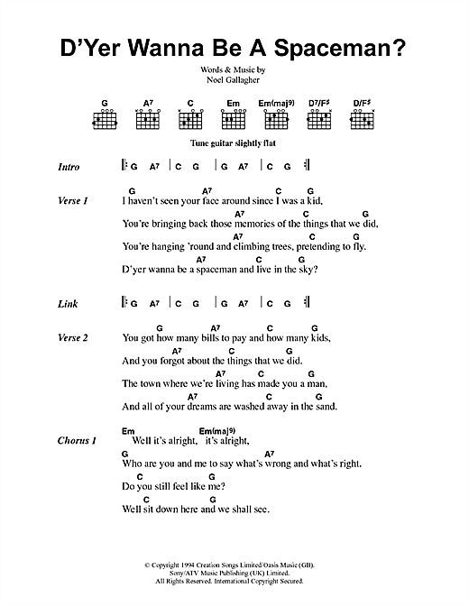 Preview Oasis D'Yer Wanna Be A Spaceman? Rock sheet music, notes and chords for Lyrics & Chords, SKU: 41788 sheet music, piano notes, chords, guitar tabs, score, transpose, transcribe, how to play, guide, download, learn, tutorial, progression, song, artist, awards, billboard, mtv, vh1, tour, single, album, release