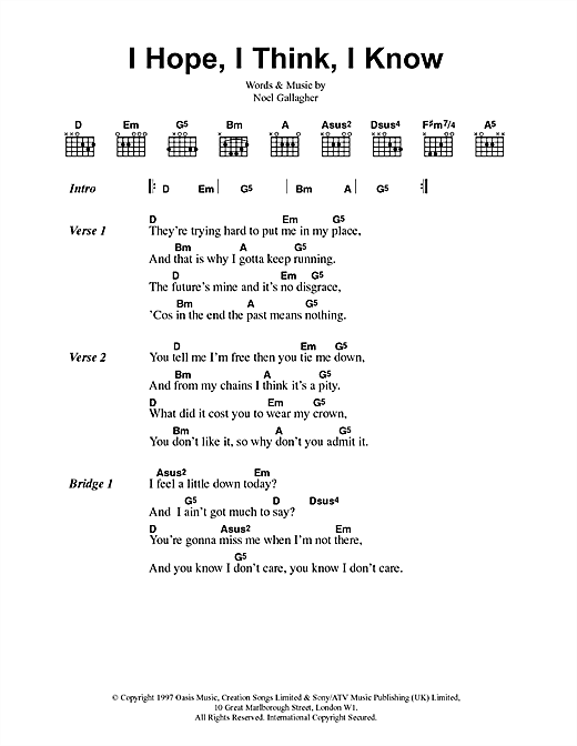 Preview Oasis I Hope, I Think, I Know Rock sheet music, notes and chords for Lyrics & Chords, SKU: 41790 sheet music, piano notes, chords, guitar tabs, score, transpose, transcribe, how to play, guide, download, learn, tutorial, progression, song, artist, awards, billboard, mtv, vh1, tour, single, album, release