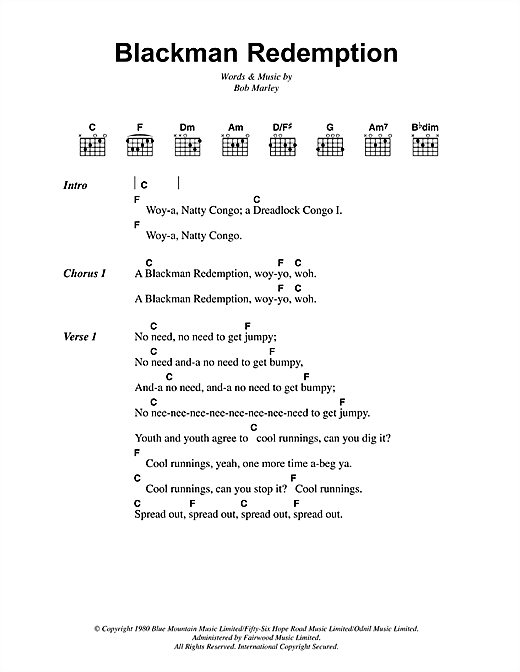 Preview Bob Marley Blackman Redemption Reggae sheet music, notes and chords for Lyrics & Chords, SKU: 41809 sheet music, piano notes, chords, guitar tabs, score, transpose, transcribe, how to play, guide, download, learn, tutorial, progression, song, artist, awards, billboard, mtv, vh1, tour, single, album, release