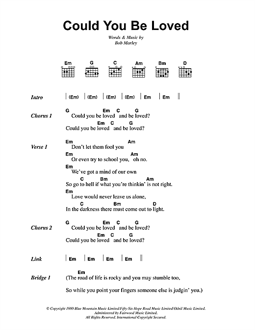 Preview Bob Marley Could You Be Loved Reggae sheet music, notes and chords for Lyrics & Chords, SKU: 41812 sheet music, piano notes, chords, guitar tabs, score, transpose, transcribe, how to play, guide, download, learn, tutorial, progression, song, artist, awards, billboard, mtv, vh1, tour, single, album, release