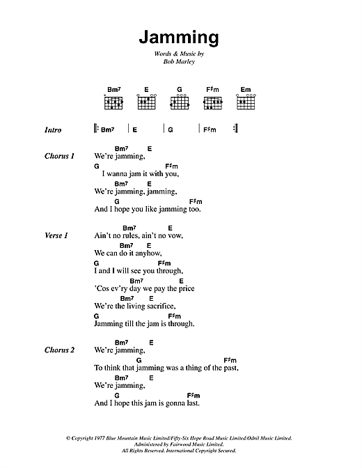 Preview Bob Marley Jamming Reggae sheet music, notes and chords for Lyrics & Chords, SKU: 41814 sheet music, piano notes, chords, guitar tabs, score, transpose, transcribe, how to play, guide, download, learn, tutorial, progression, song, artist, awards, billboard, mtv, vh1, tour, single, album, release