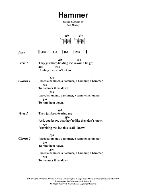 Preview Bob Marley Hammer Reggae sheet music, notes and chords for Lyrics & Chords, SKU: 41815 sheet music, piano notes, chords, guitar tabs, score, transpose, transcribe, how to play, guide, download, learn, tutorial, progression, song, artist, awards, billboard, mtv, vh1, tour, single, album, release
