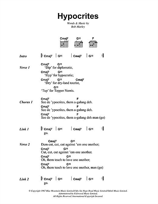 Preview Bob Marley Hypocrites Reggae sheet music, notes and chords for Lyrics & Chords, SKU: 41818 sheet music, piano notes, chords, guitar tabs, score, transpose, transcribe, how to play, guide, download, learn, tutorial, progression, song, artist, awards, billboard, mtv, vh1, tour, single, album, release