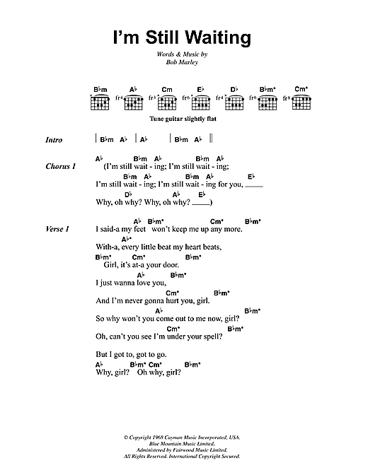 Preview Bob Marley I'm Still Waiting Reggae sheet music, notes and chords for Lyrics & Chords, SKU: 41824 sheet music, piano notes, chords, guitar tabs, score, transpose, transcribe, how to play, guide, download, learn, tutorial, progression, song, artist, awards, billboard, mtv, vh1, tour, single, album, release