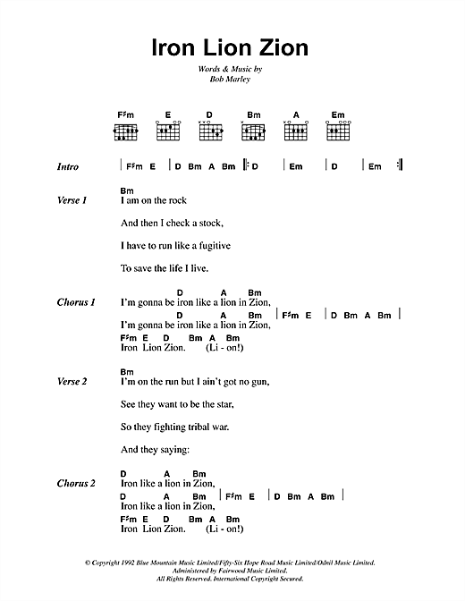Preview Bob Marley Iron Lion Zion Reggae sheet music, notes and chords for Lyrics & Chords, SKU: 41829 sheet music, piano notes, chords, guitar tabs, score, transpose, transcribe, how to play, guide, download, learn, tutorial, progression, song, artist, awards, billboard, mtv, vh1, tour, single, album, release