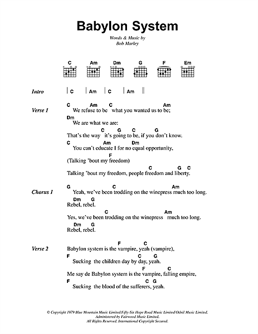 Preview Bob Marley Babylon System Reggae sheet music, notes and chords for Lyrics & Chords, SKU: 41831 sheet music, piano notes, chords, guitar tabs, score, transpose, transcribe, how to play, guide, download, learn, tutorial, progression, song, artist, awards, billboard, mtv, vh1, tour, single, album, release